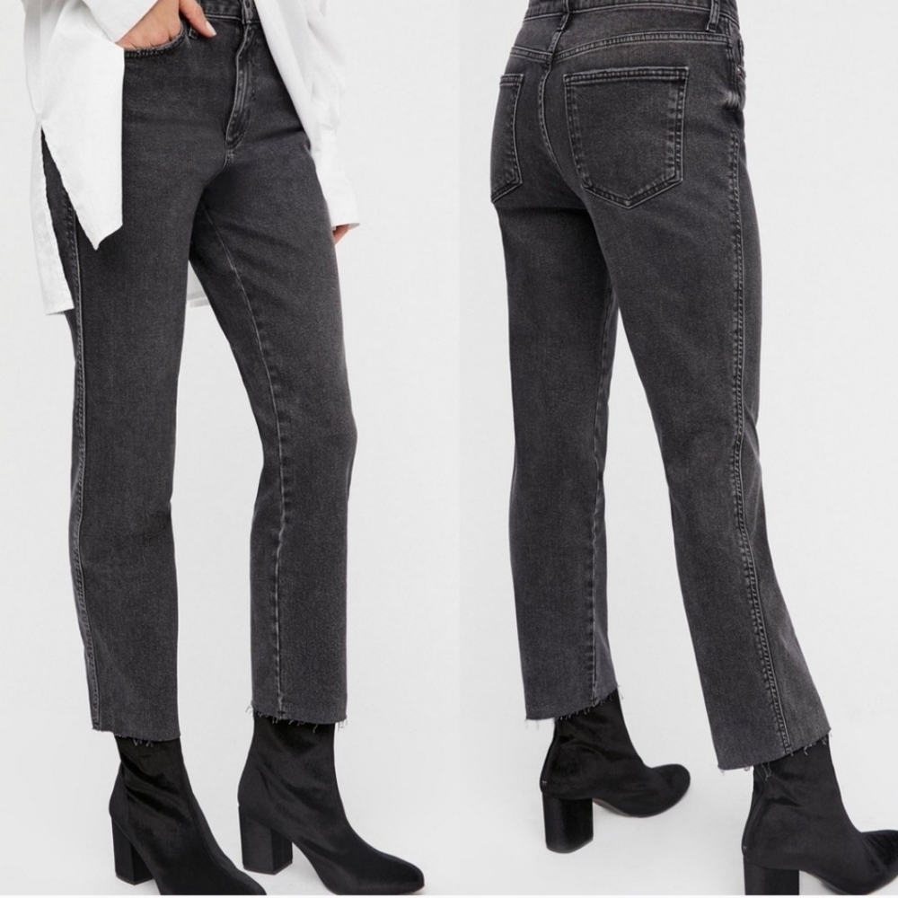 Free People Womens Black Clean Girlfriend Jeans 27 Raw Hem Cropped